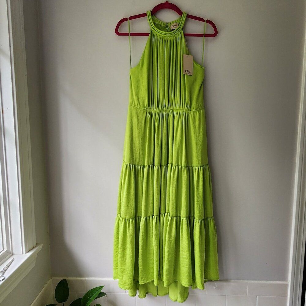 Elie Tahari High Neck Maxi Dress | Women's Size 4 | Tier, Lined, Pockets, Green